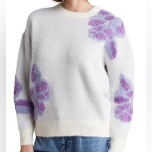 FRNCH Cream Crewneck Sweater with Purple & Lavender Floral Tufting